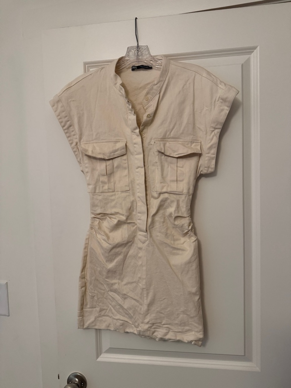 Zara Cream Utility Shirt Dress with Front Pockets